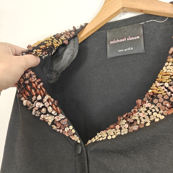 Michael Simon Black Sweater Cartigan Brown beaded V-neck 3/4 Sleeve Silk Blend S - Picture 9 of 12